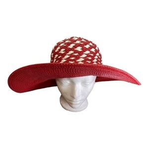 Red White Woven Paper Wide Brim Hat